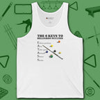 6 Keys to Billiards Success (E.A.T.A.S.S.) Tank Top, in White color, pool tank top, front view