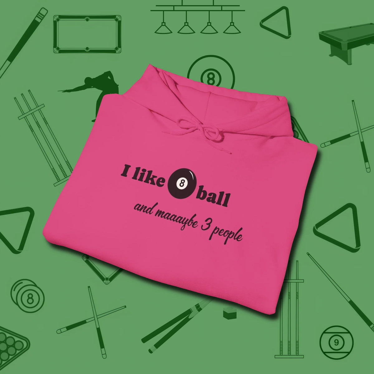 8 Ball and 3 People Hoodie, folded view, in Heliconia cool enough for a corner pocket finish