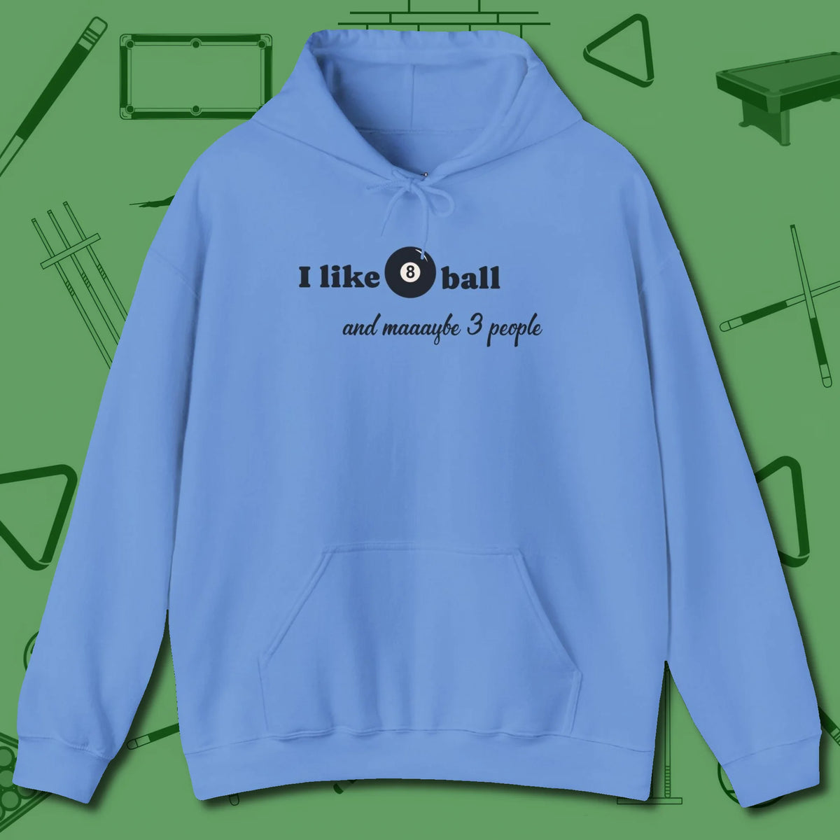 8 Ball and 3 People Hoodie, front view, in Carolina Blue built for bold breaks and quiet confidence