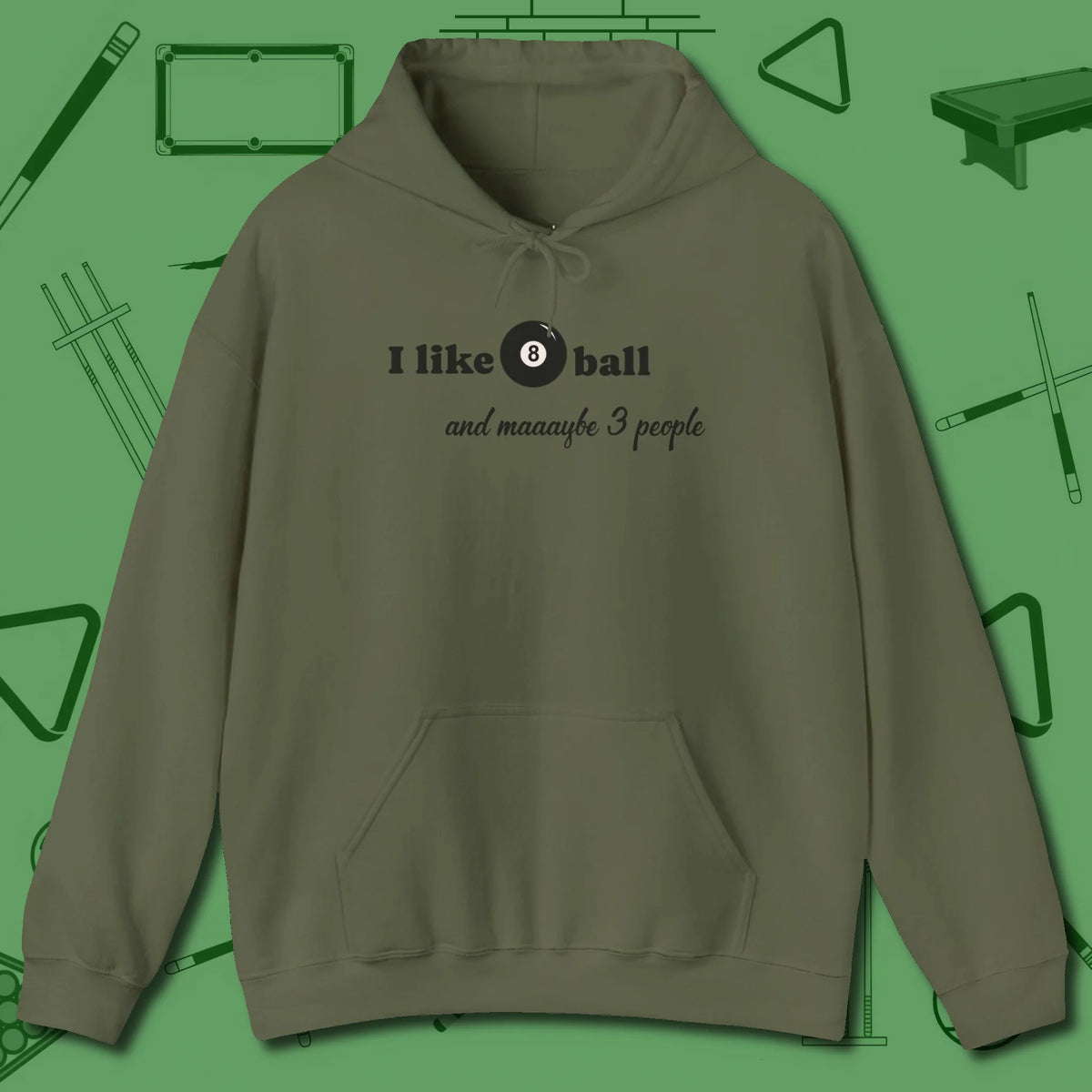 8 Ball and 3 People Hoodie, front view, in Military Green what champions wear between racks