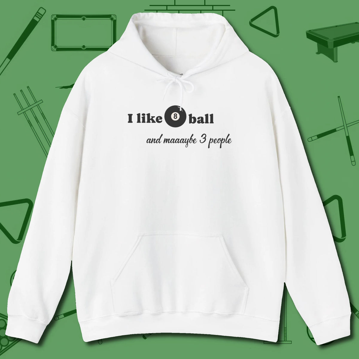 8 Ball and 3 People Hoodie, front view, in White the official uniform of the after-hours crew