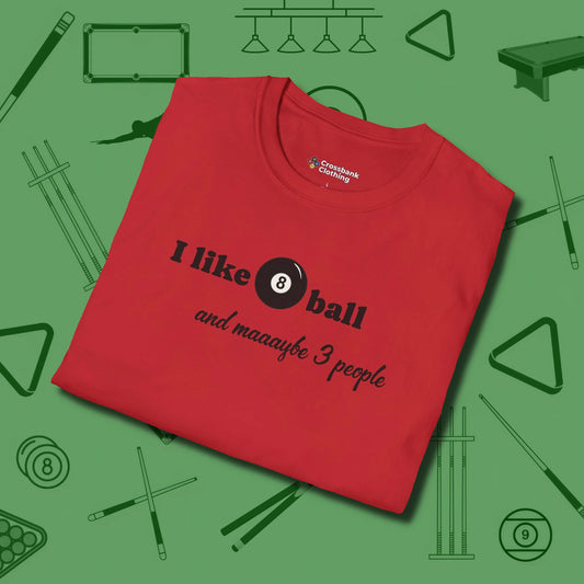 8 Ball and 3 People T-Shirt, folded view, in Red for players who live the game