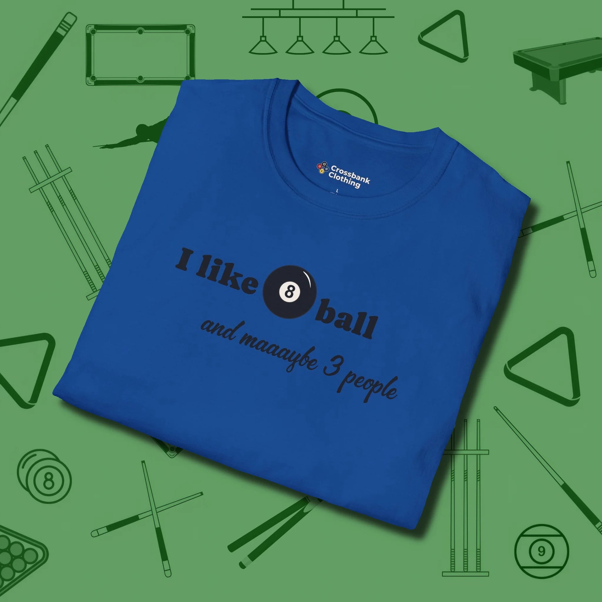 8 Ball and 3 People T-Shirt, folded view, in Royal for players who live the game