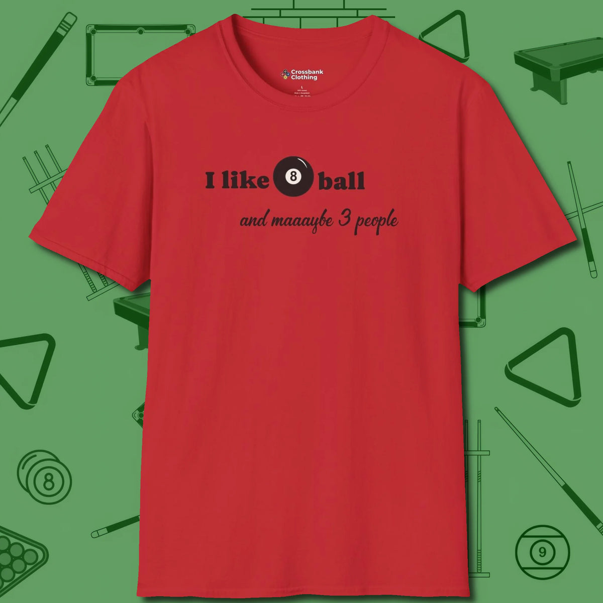 8 Ball and 3 People T-Shirt, front view, in Red clean lines for dirty minds