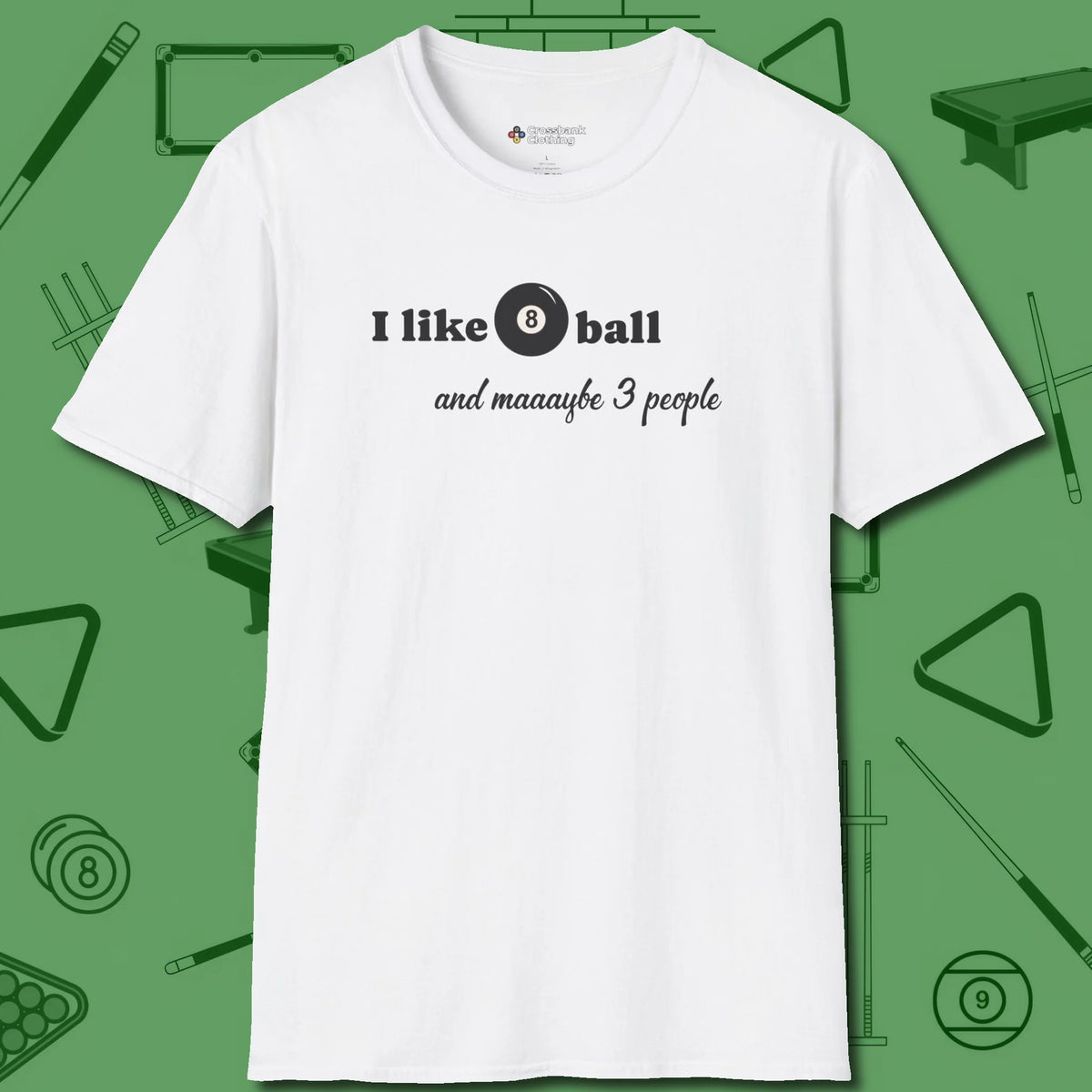 8 Ball and 3 People T-Shirt, front view, in White like your stroke — smooth and deliberate