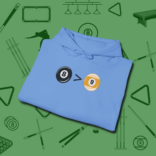 8 Ball Beats 9 Ball Hoodie, folded view, in Carolina Blue where cue control meets personal style