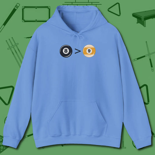 8 Ball Beats 9 Ball Hoodie, front view, in Carolina Blue smart apparel for strategic players