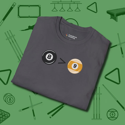 8 Ball Beats 9 Ball T-Shirt, folded view, in Charcoal where style and cue discipline collide