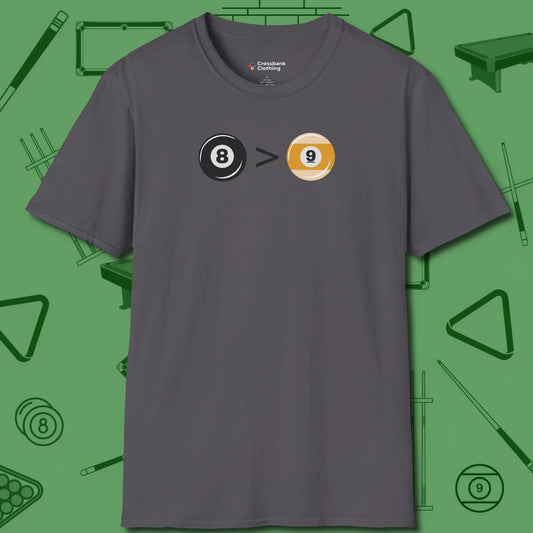 8 Ball Beats 9 Ball T-Shirt, front view, in Charcoal confidence stitched in every seam
