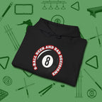 8 Ball Beer and Bad Decisions Hoodie, folded view, in Black helps your stroke and your style