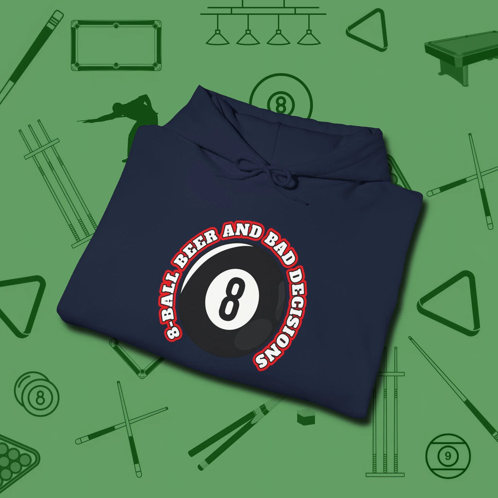 8 Ball Beer and Bad Decisions Hoodie, folded view, in Navy fashion with break-and-run energy