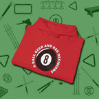 8 Ball Beer and Bad Decisions Hoodie, folded view, in Red what champions wear between racks