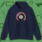 8 Ball Beer and Bad Decisions Hoodie, front view, in Navy an extension of your pool persona