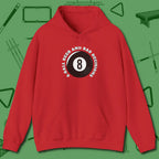 8 Ball Beer and Bad Decisions Hoodie, front view, in Red where style and cue discipline collide