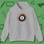 8 Ball Beer and Bad Decisions Hoodie, front view, in Sport Grey cool under pressure, hot on the eyes
