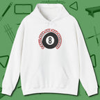 8 Ball Beer and Bad Decisions Hoodie, front view, in White earns respect before the first shot