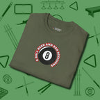8 Ball Beer and Bad Decisions T-Shirt, folded view, in Military Green made for pool sharks, not posers