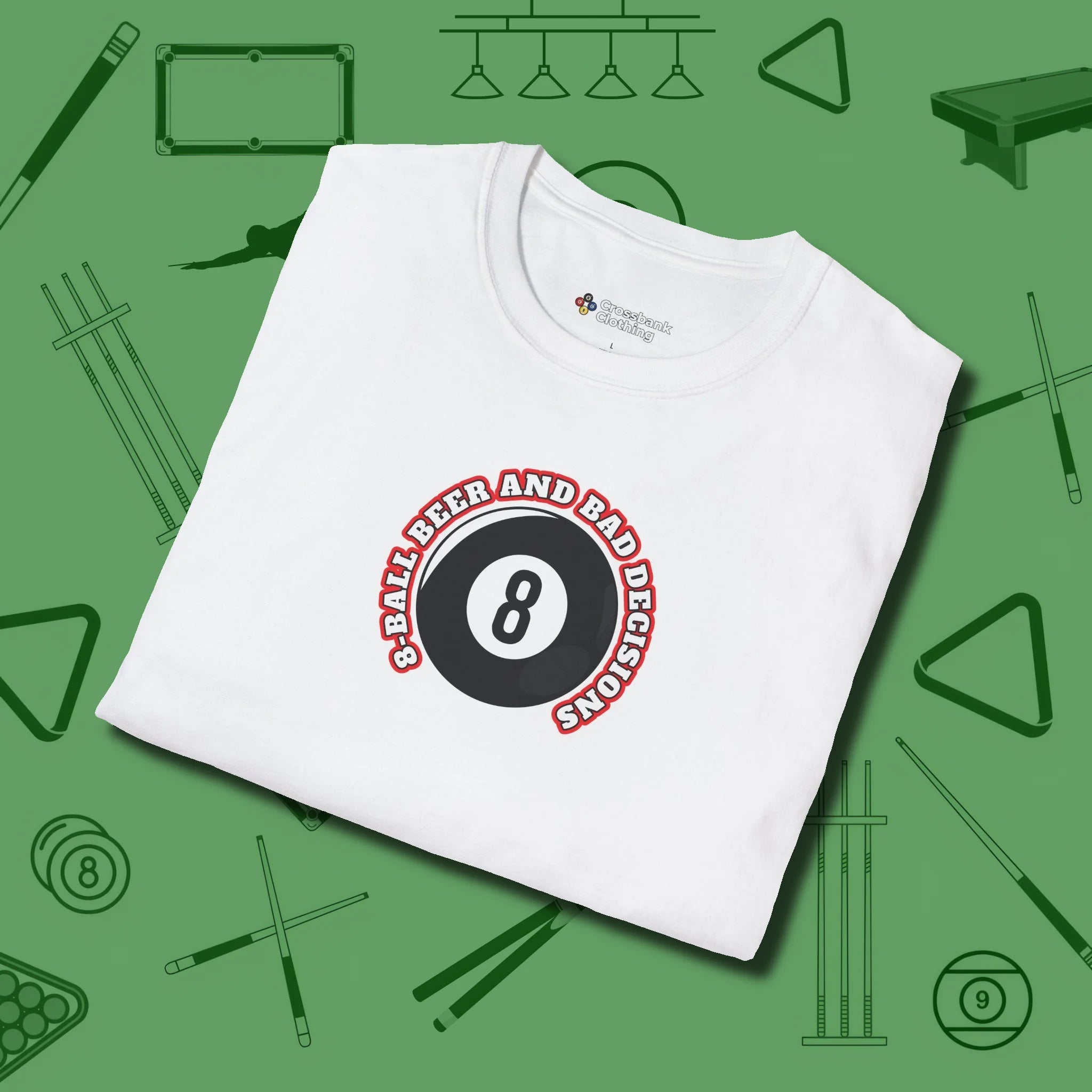 8 Ball Beer and Bad Decisions T-Shirt, folded view, in White subtle drip for serious shooters