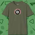 8 Ball Beer and Bad Decisions T-Shirt, front view, in Military Green smart apparel for strategic players