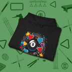 8 Ball Hearts and Stars Hoodie, folded view, in Black cue up respect every time you wear it