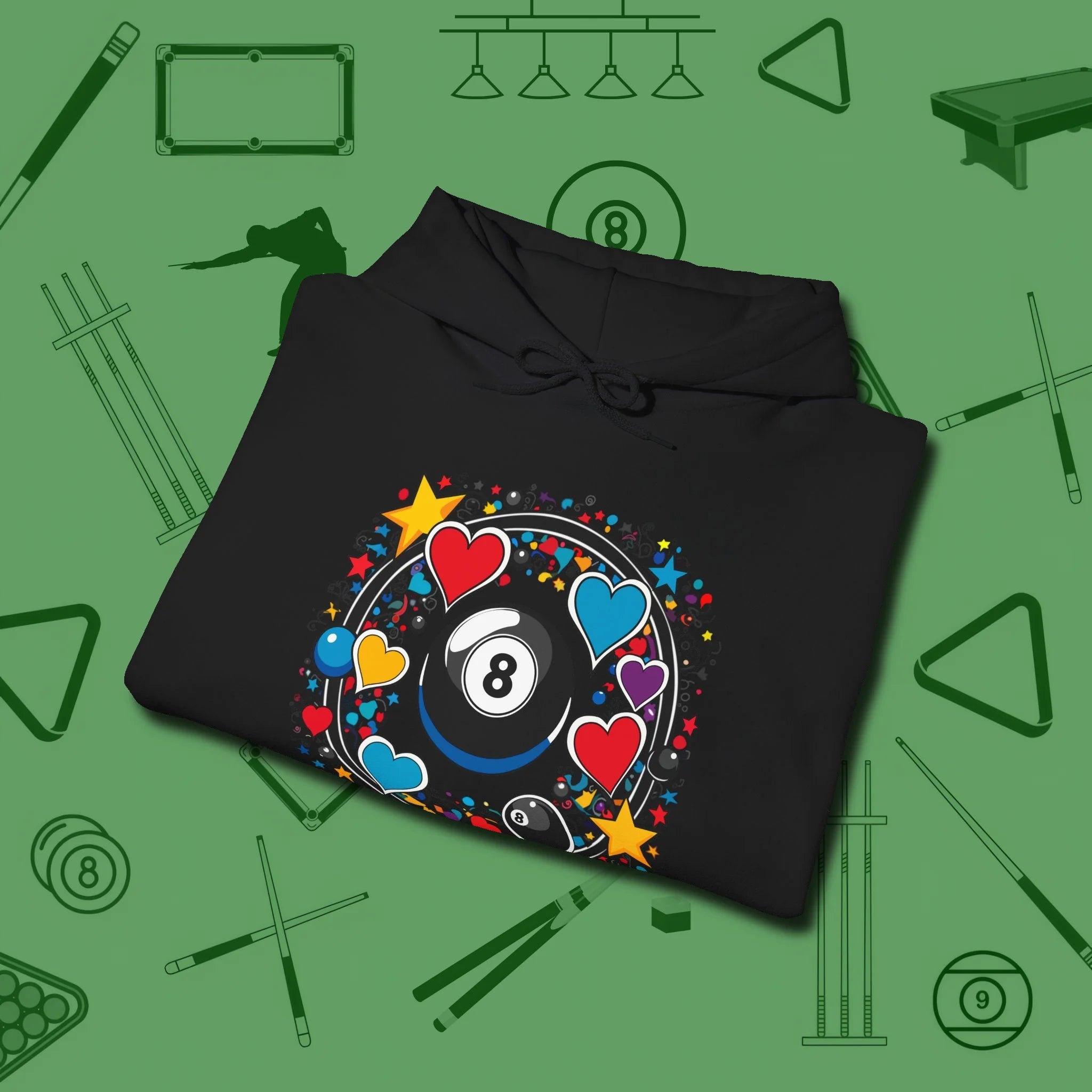 8 Ball Hearts and Stars Hoodie, folded view, in Black cue up respect every time you wear it