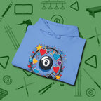 8 Ball Hearts and Stars Hoodie, folded view, in Carolina Blue subtle drip for serious shooters