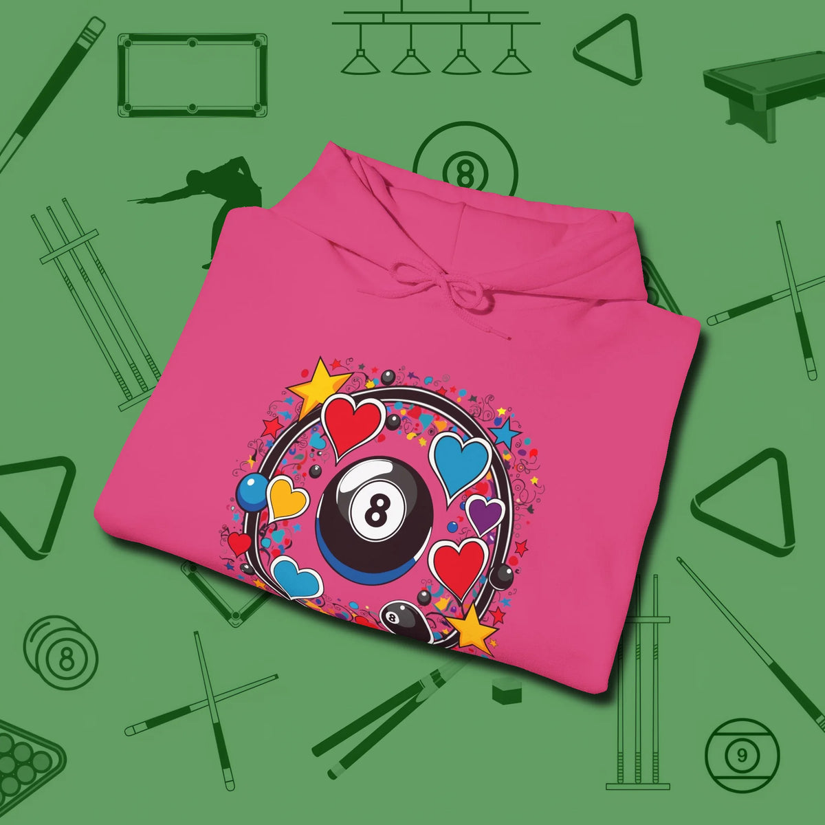 8 Ball Hearts and Stars Hoodie, folded view, in Heliconia cue up respect every time you wear it