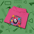 8 Ball Hearts and Stars Hoodie, folded view, in Heliconia cue up respect every time you wear it