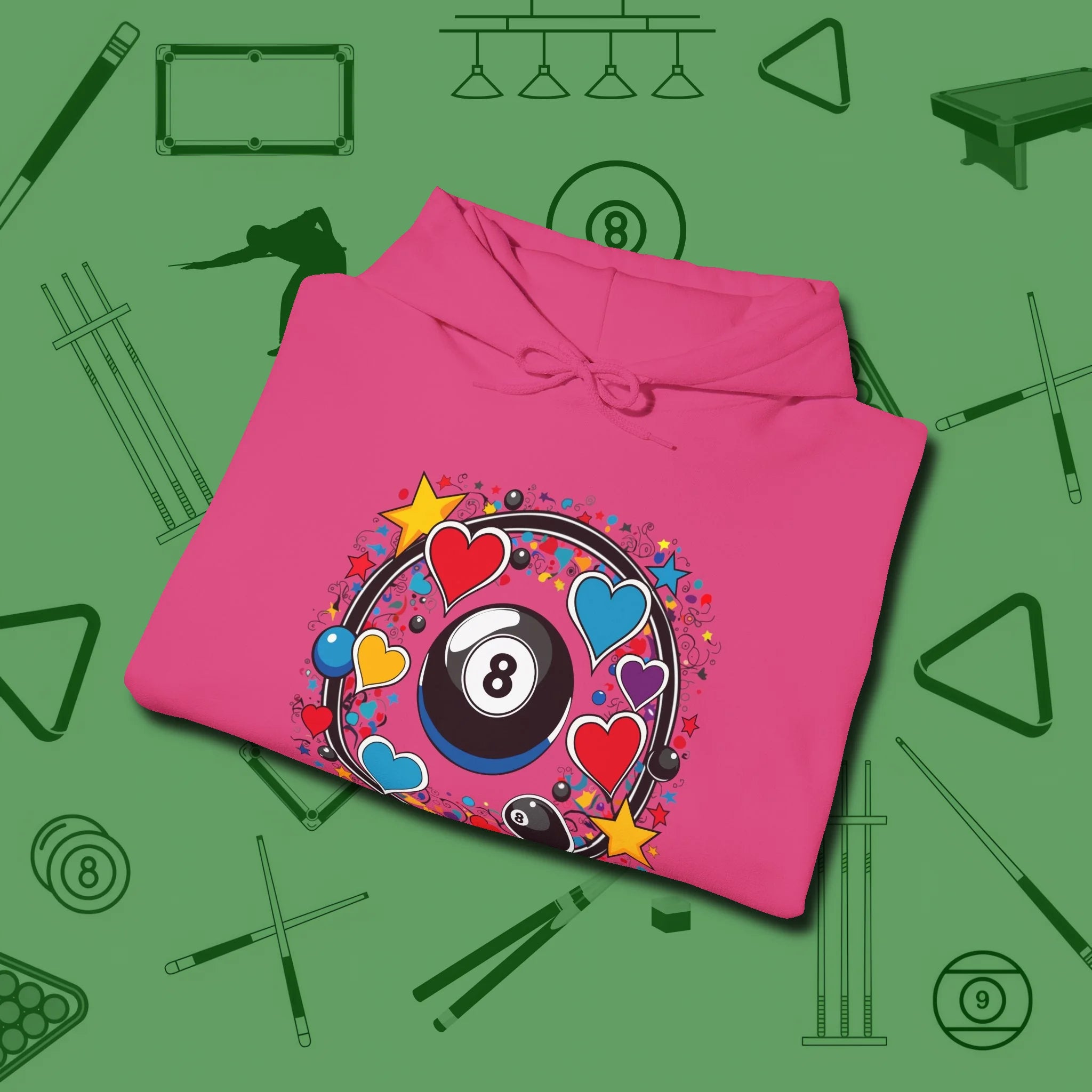 8 Ball Hearts and Stars Hoodie, folded view, in Heliconia cue up respect every time you wear it