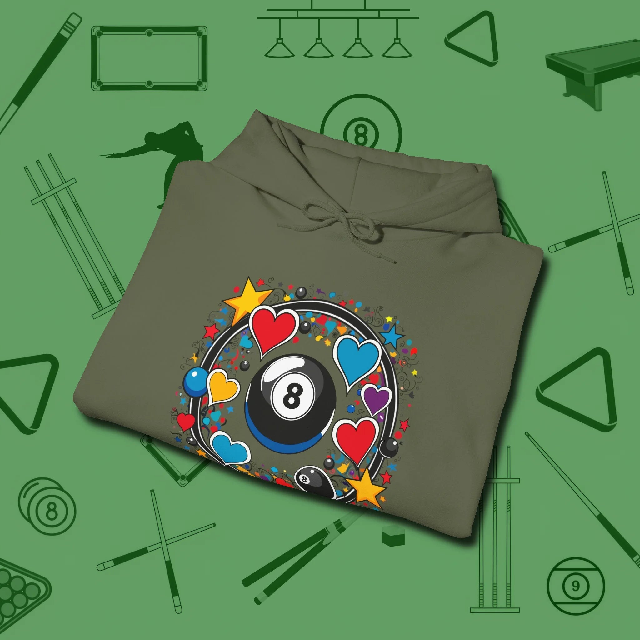 8 Ball Hearts and Stars Hoodie, folded view, in Military Green break, run out, turn heads — repeat
