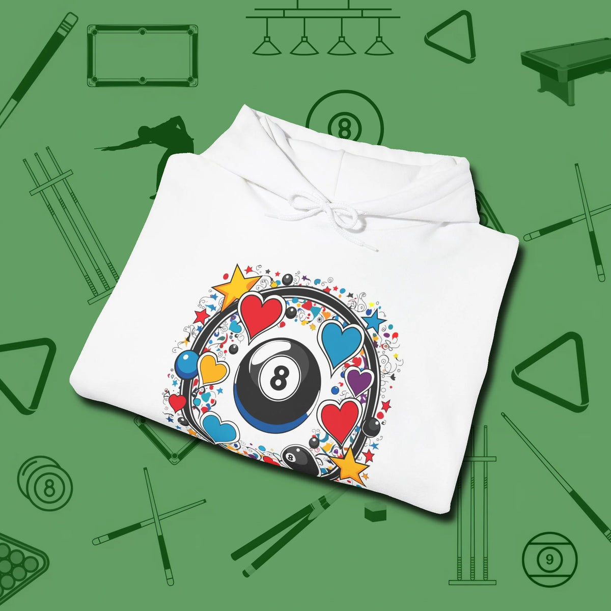 8 Ball Hearts and Stars Hoodie, folded view, in White fashion with break-and-run energy