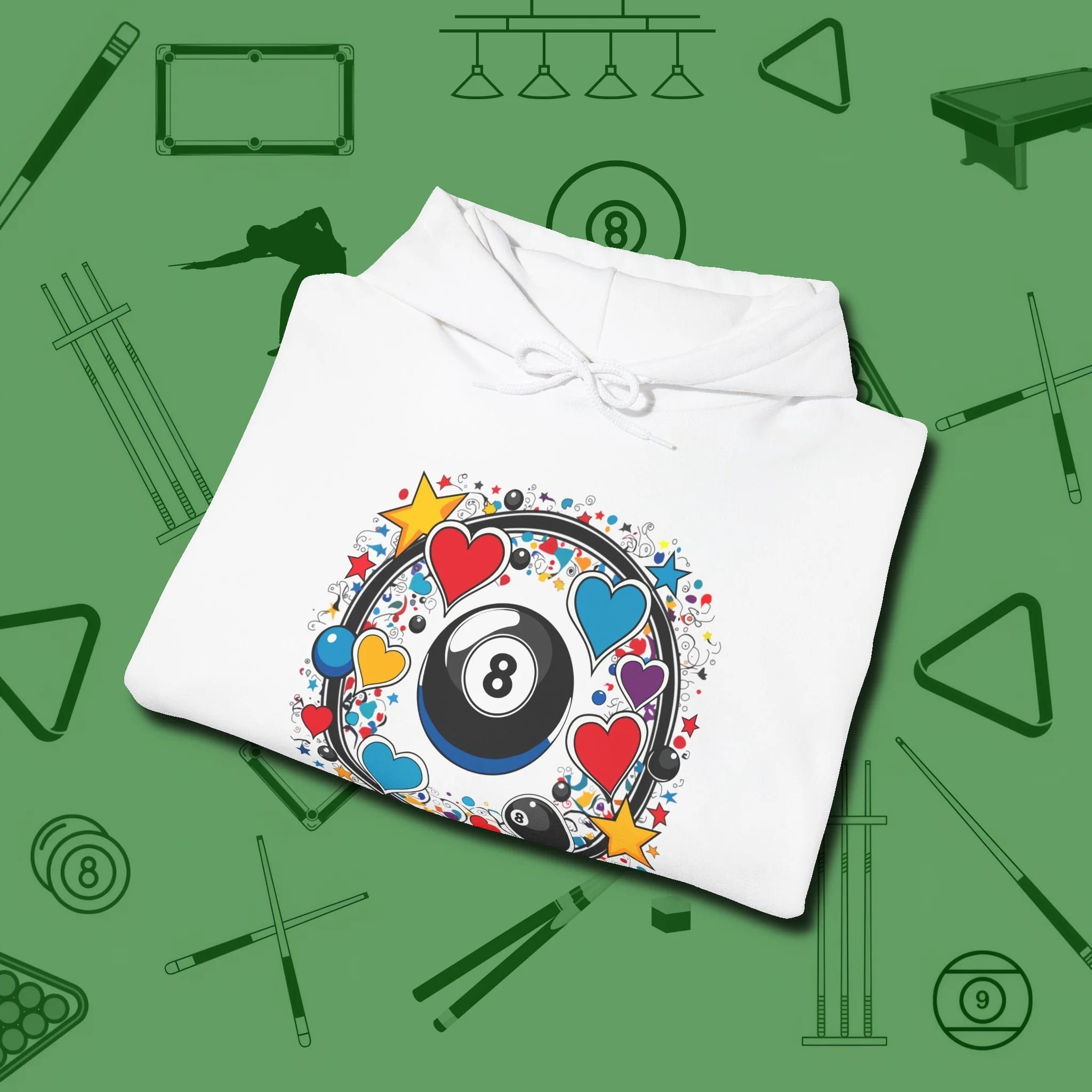 8 Ball Hearts and Stars Hoodie, folded view, in White fashion with break-and-run energy