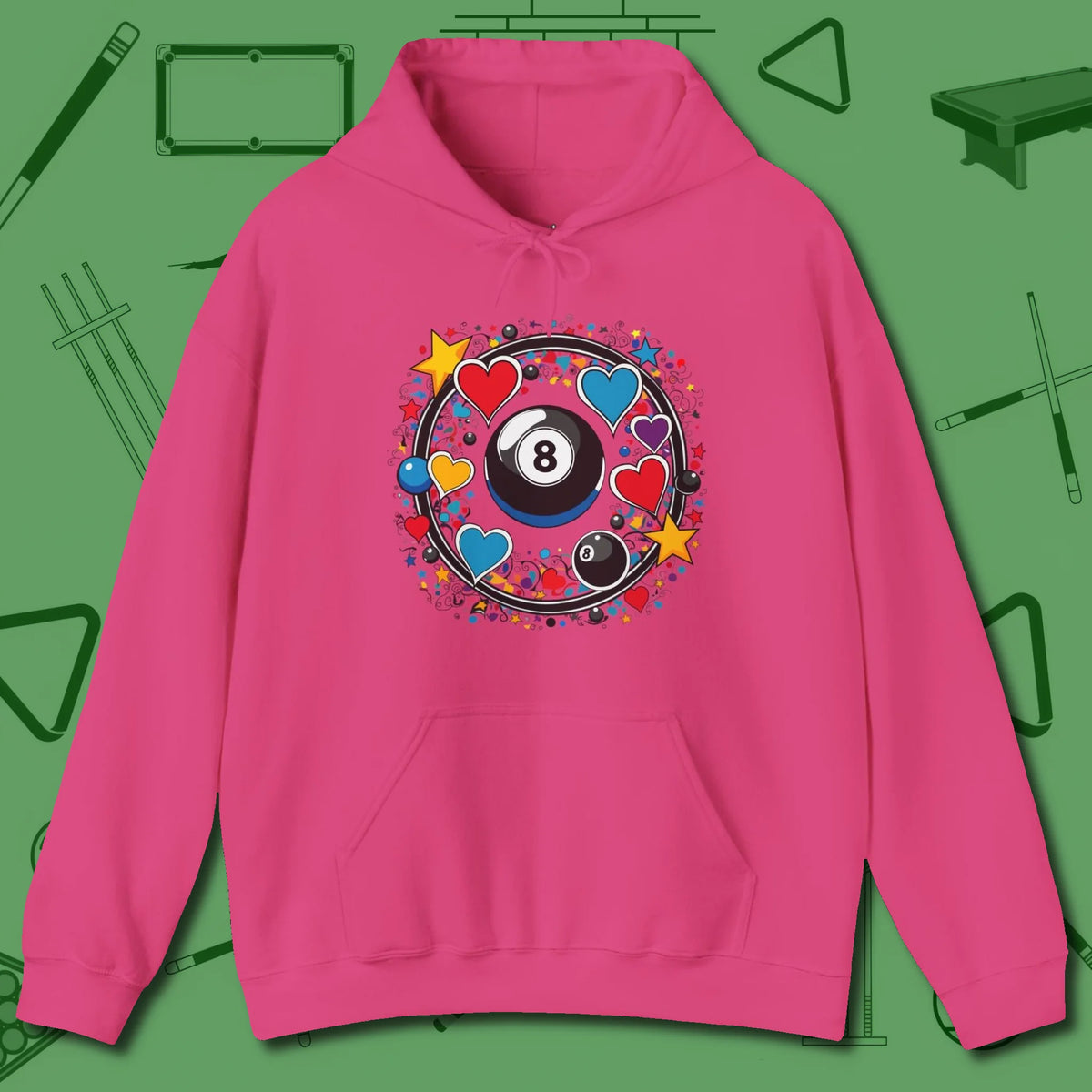 8 Ball Hearts and Stars Hoodie, front view, in Heliconia what the real shooters wear