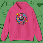8 Ball Hearts and Stars Hoodie, front view, in Heliconia what the real shooters wear