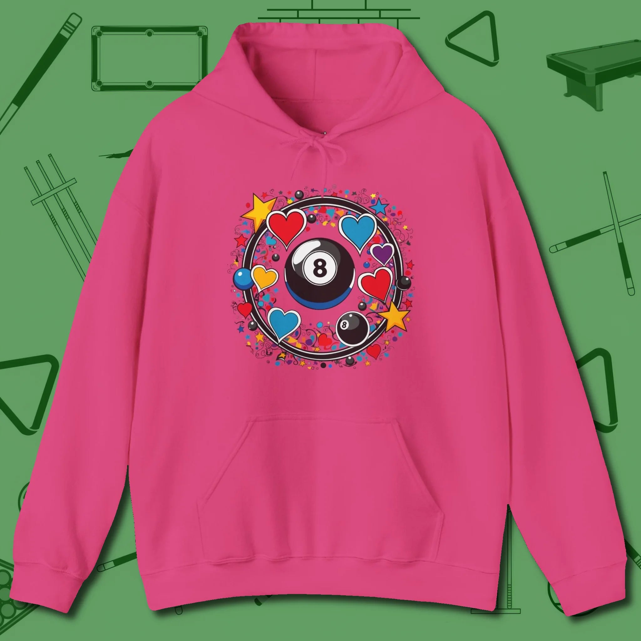 8 Ball Hearts and Stars Hoodie, front view, in Heliconia what the real shooters wear