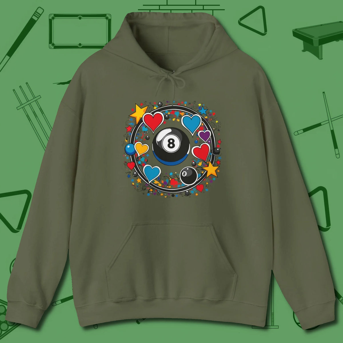 8 Ball Hearts and Stars Hoodie, front view, in Military Green for players who live the game