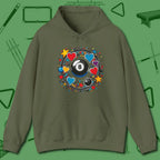 8 Ball Hearts and Stars Hoodie, front view, in Military Green for players who live the game