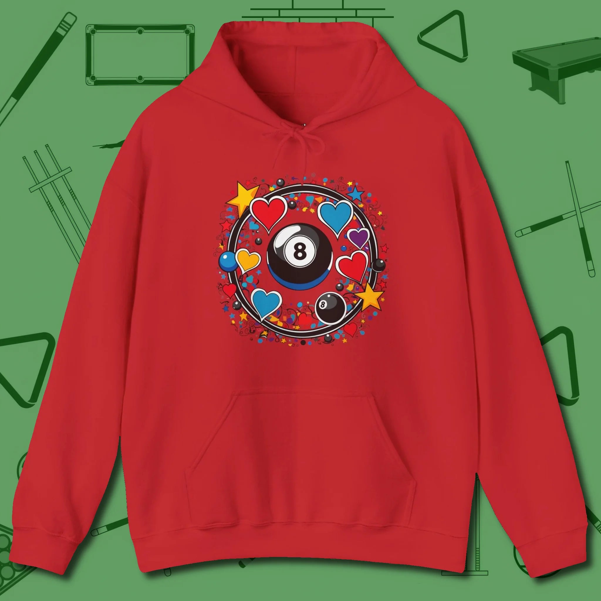 8 Ball Hearts and Stars Hoodie, front view, in Red break, run out, turn heads — repeat