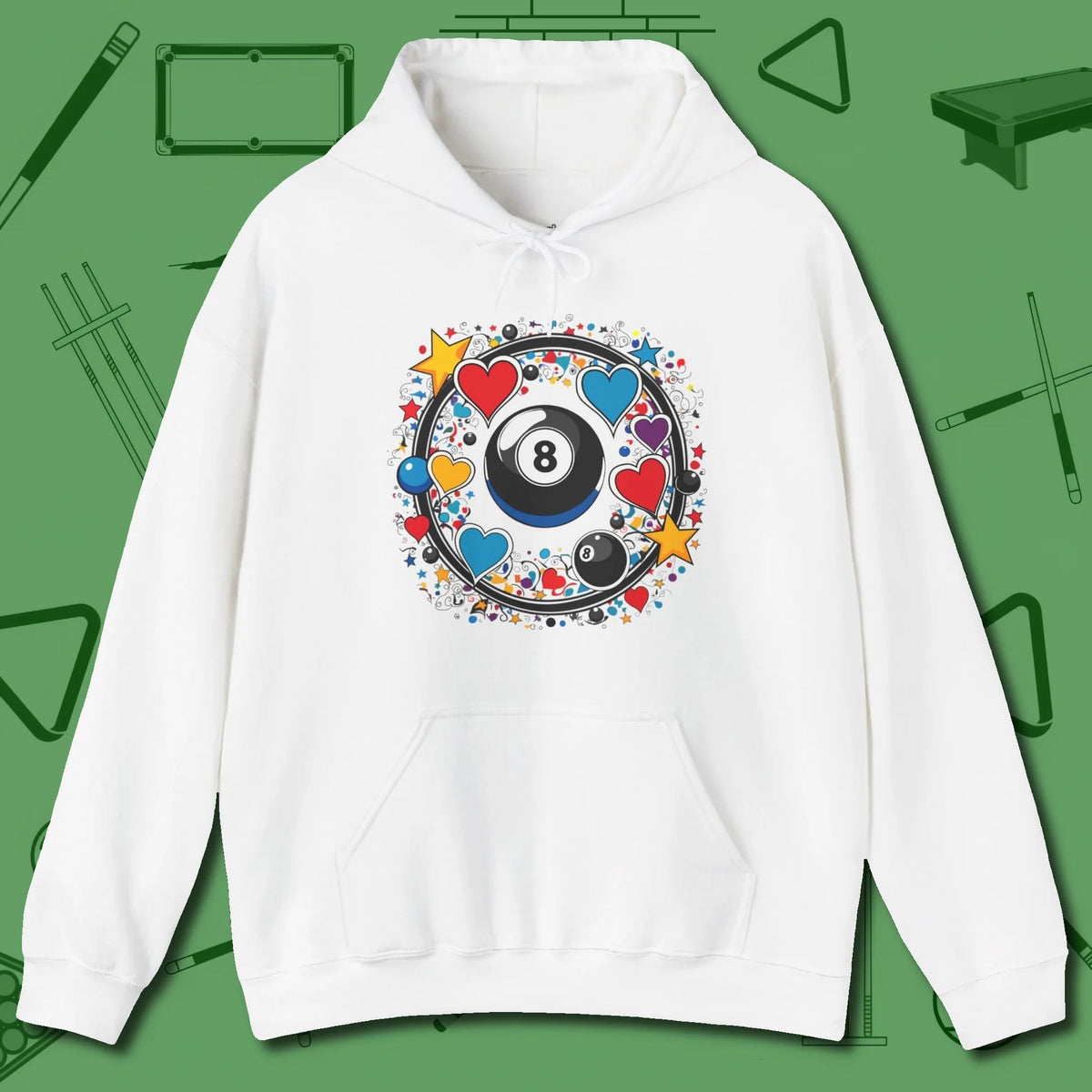 8 Ball Hearts and Stars Hoodie, front view, in White where cue control meets personal style