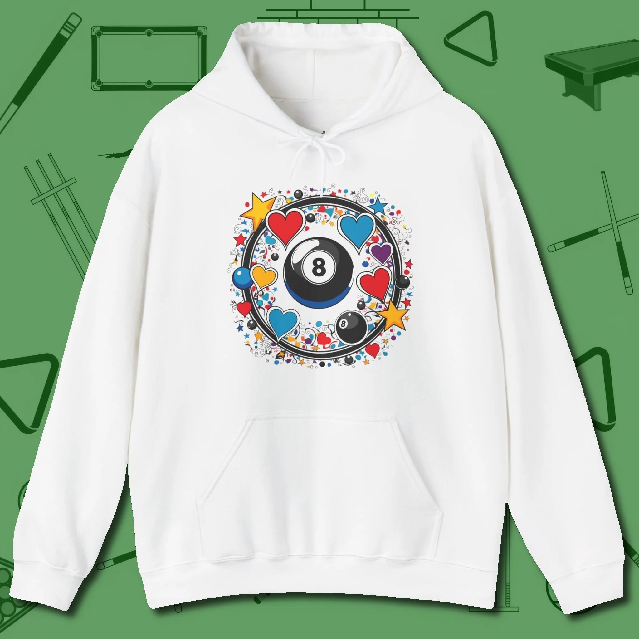 8 Ball Hearts and Stars Hoodie, front view, in White where cue control meets personal style
