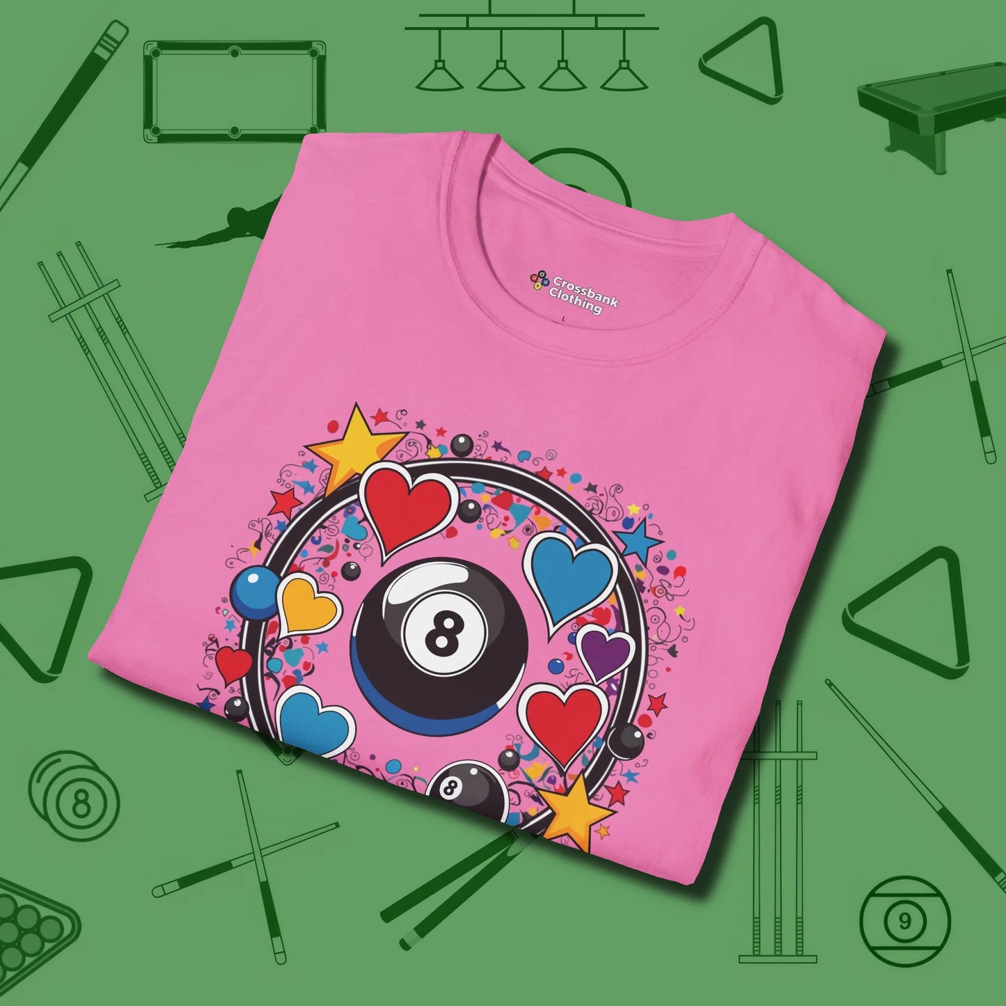 8 Ball Hearts and Stars T-Shirt, folded view, in Azalea from chalk to clutch, look the part