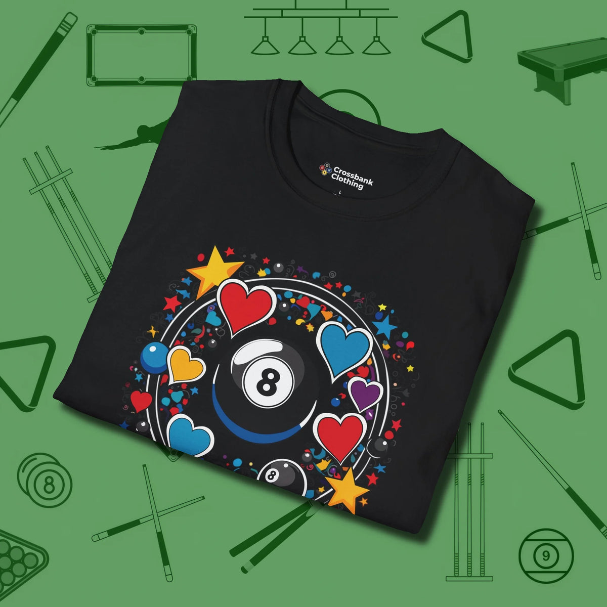 8 Ball Hearts and Stars T-Shirt, folded view, in Black like your stroke — smooth and deliberate