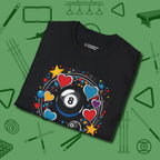 8 Ball Hearts and Stars T-Shirt, folded view, in Black like your stroke — smooth and deliberate