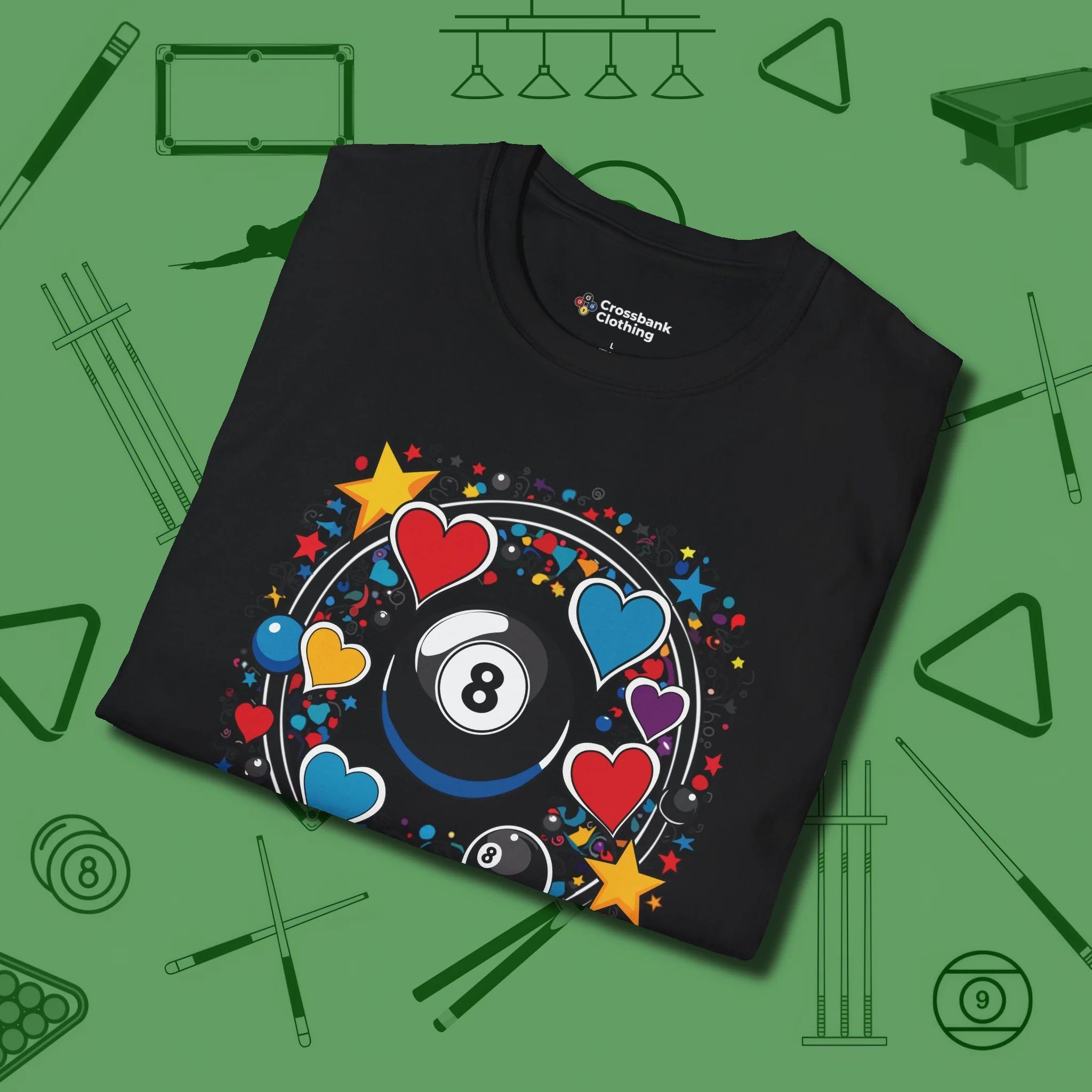 8 Ball Hearts and Stars T-Shirt, folded view, in Black like your stroke — smooth and deliberate