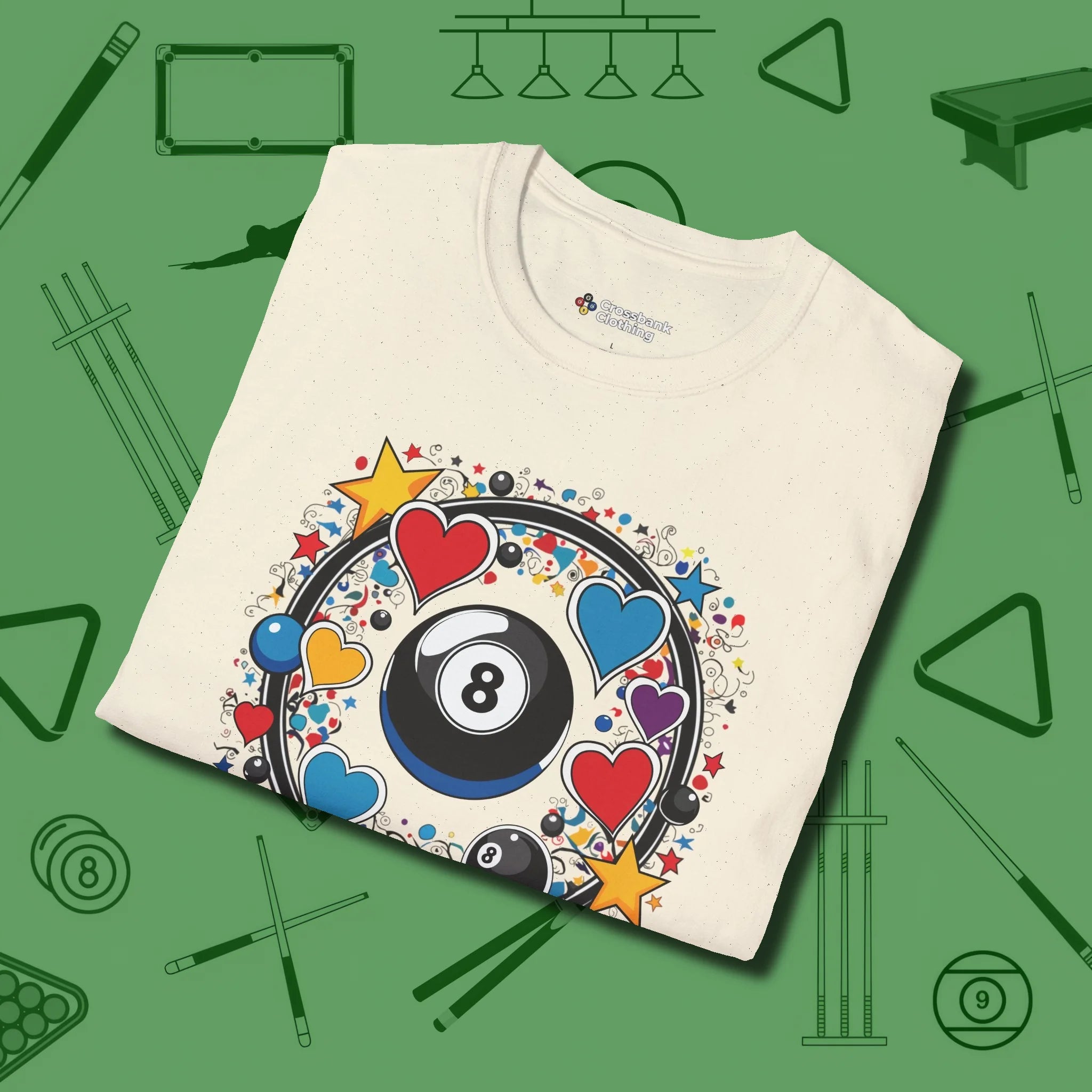 8 Ball Hearts and Stars T-Shirt, folded view, in Natural your secret weapon off the table