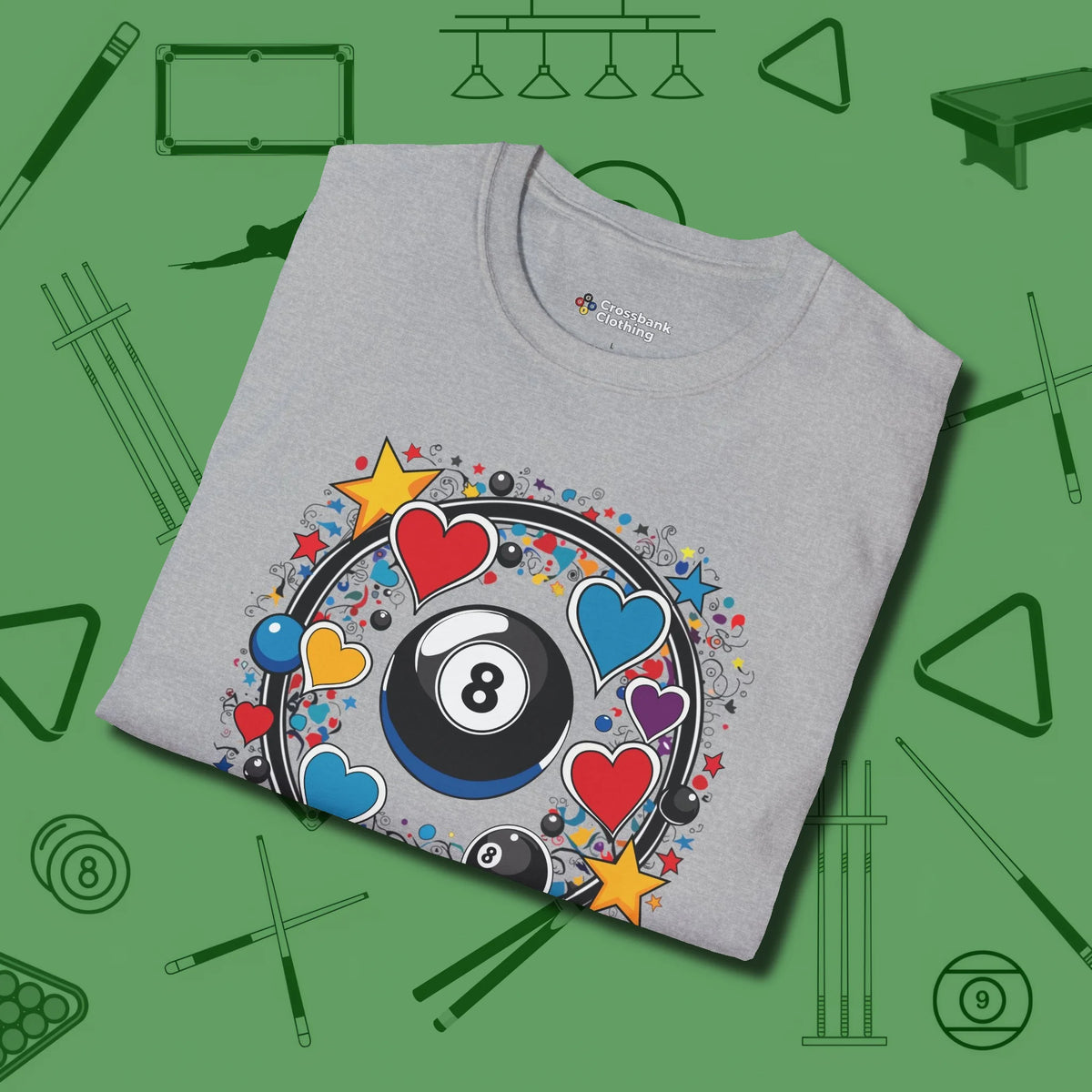 8 Ball Hearts and Stars T-Shirt, folded view, in Sport Grey your go-to shirt for league night victories