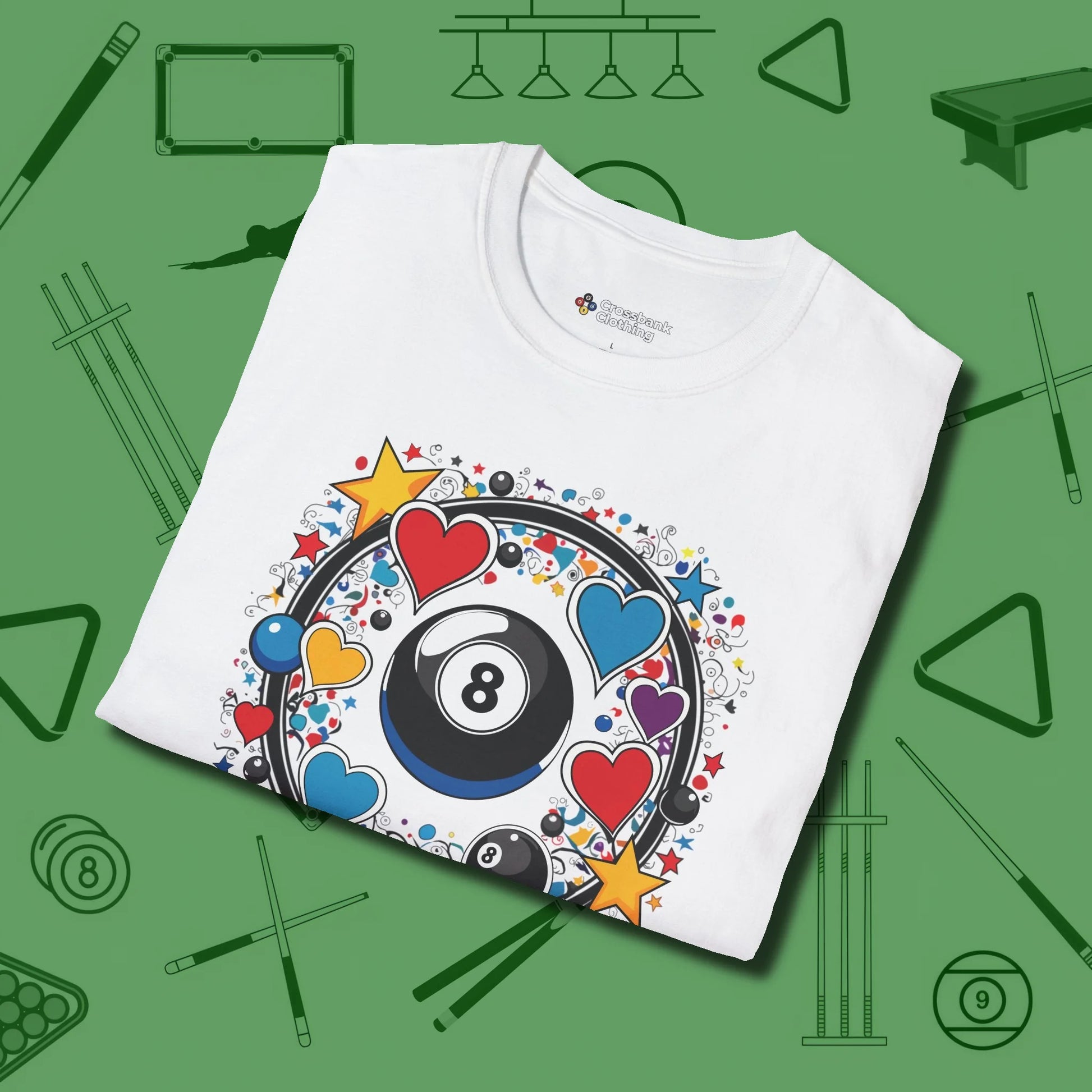8 Ball Hearts and Stars T-Shirt, folded view, in White break, run out, turn heads — repeat