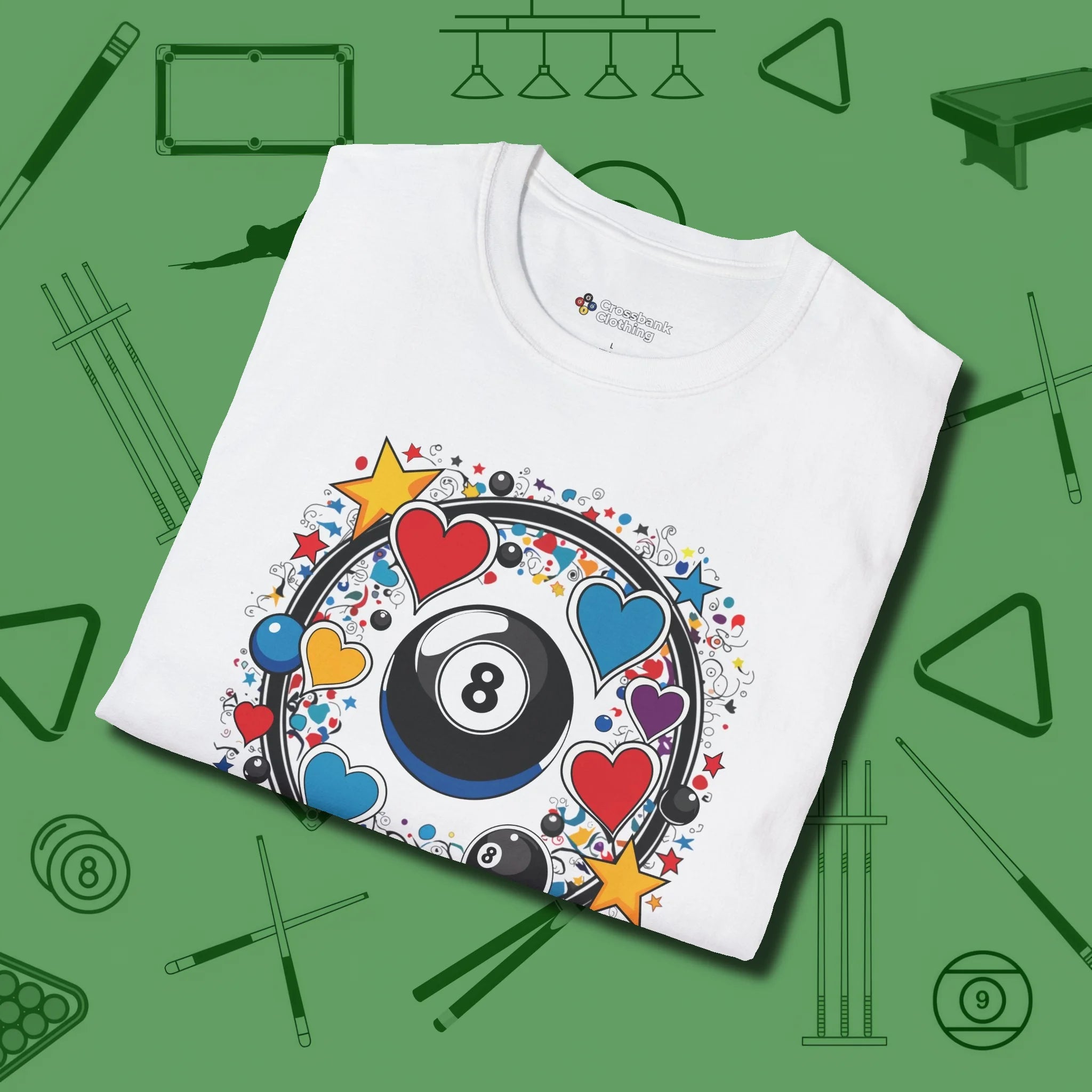 8 Ball Hearts and Stars T-Shirt, folded view, in White break, run out, turn heads — repeat