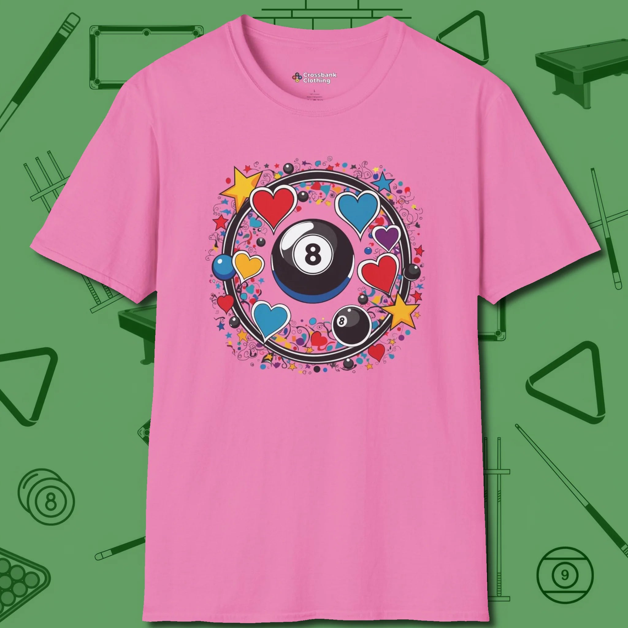 8 Ball Hearts and Stars T-Shirt, front view, in Azalea smart enough for the felt and the street