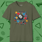 8 Ball Hearts and Stars T-Shirt, front view, in Military Green style that banks as hard as you do